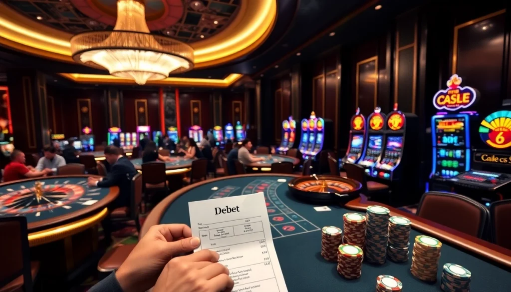 Engaging scene with players using Debet in a vibrant casino environment filled with slot machines.