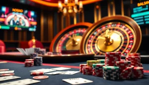 Experience thrilling gaming atmosphere at https:/nk88.us.com/ with vibrant casino tables and poker chips.