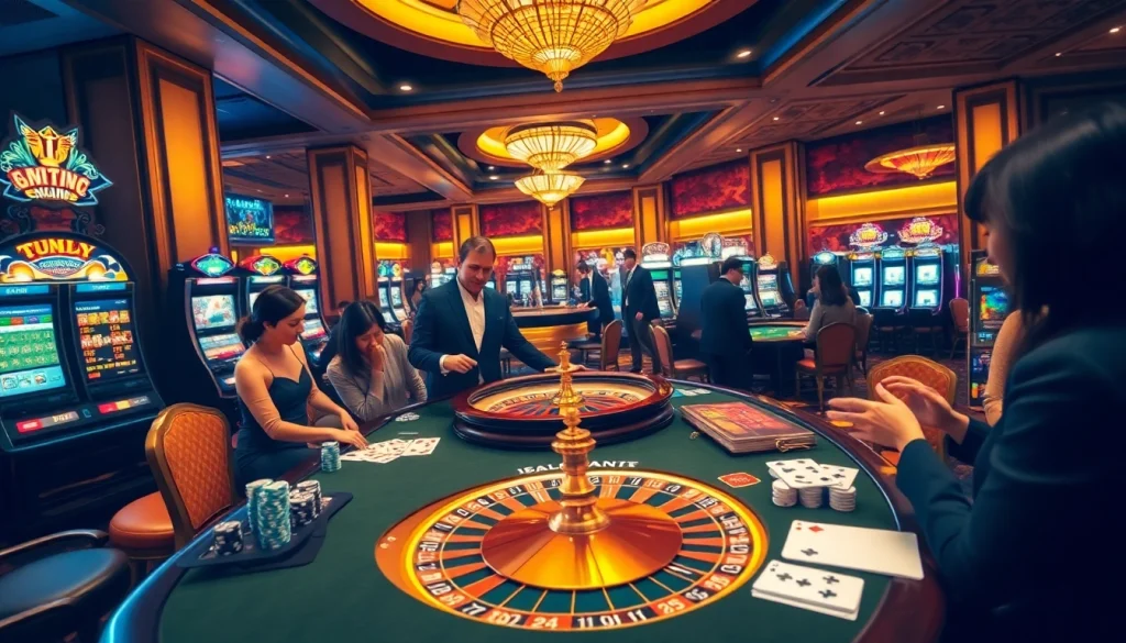 Experience the thrill of gambling at fb88 with an exciting casino scene featuring professionals and vibrant elements.