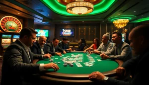 Engage in thrilling gameplay at FLY 88’s high-stakes poker table in a luxurious casino setting.