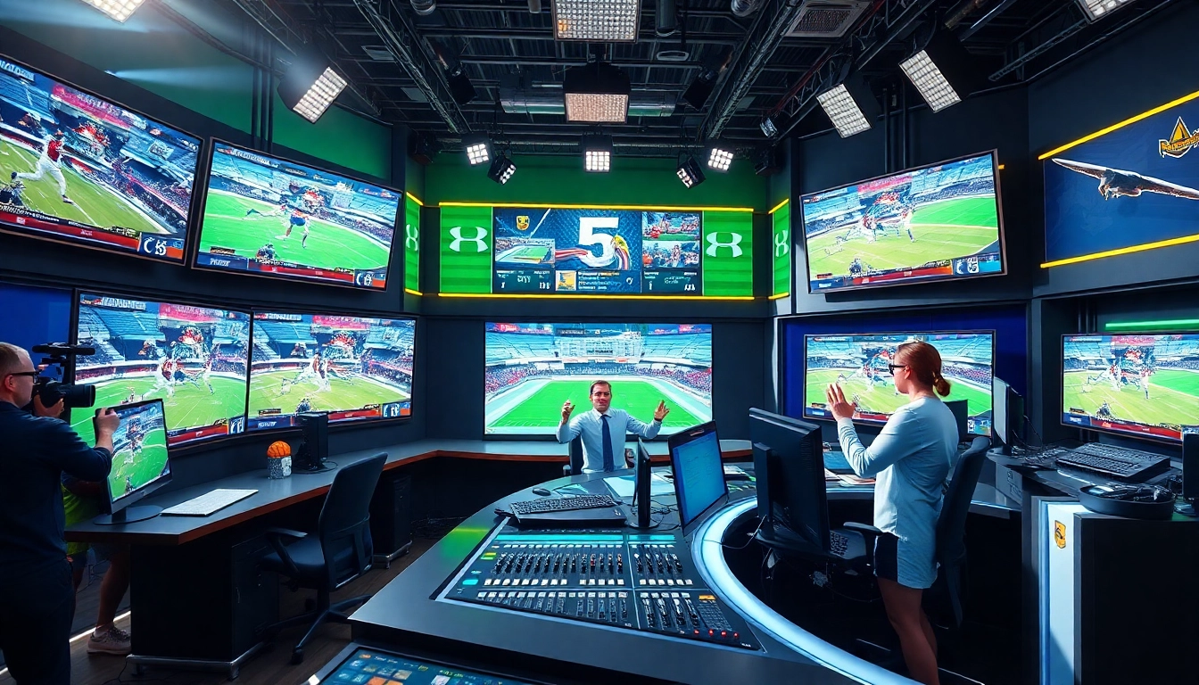 Engaging sports broadcasting studio with multiple screens and a lively host.