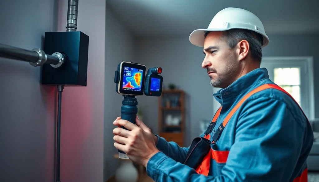 Leak detection technician using thermal imaging technology in a domestic setting to identify hidden pipe leaks.