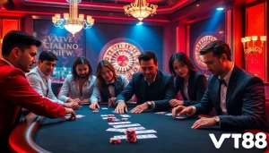 Vt88 nhà cái providing thrilling casino action with poker tables and vibrant roulette wheels.