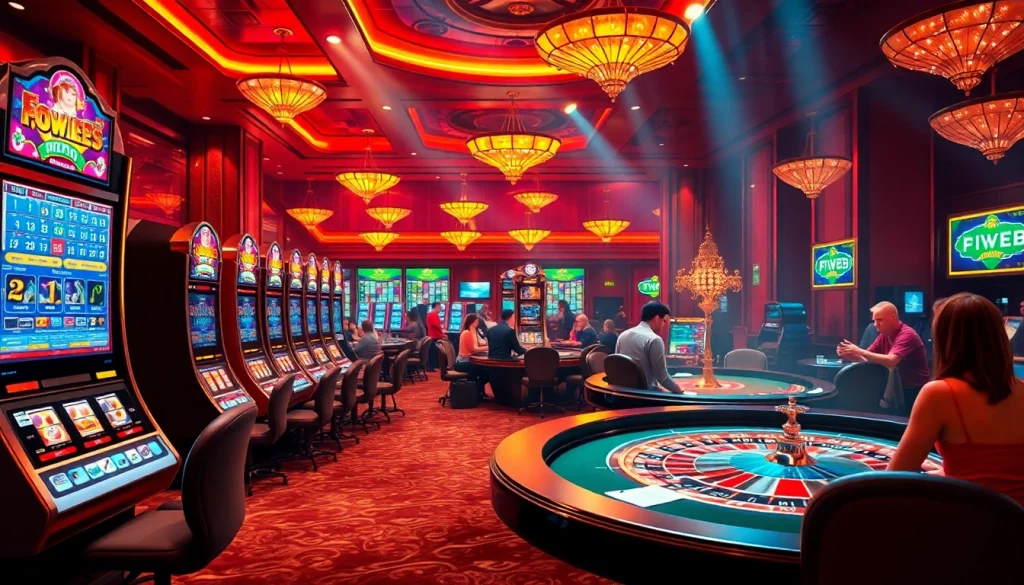 Exciting casino scene showcasing FIVE88 gaming experience with vibrant tables and players.