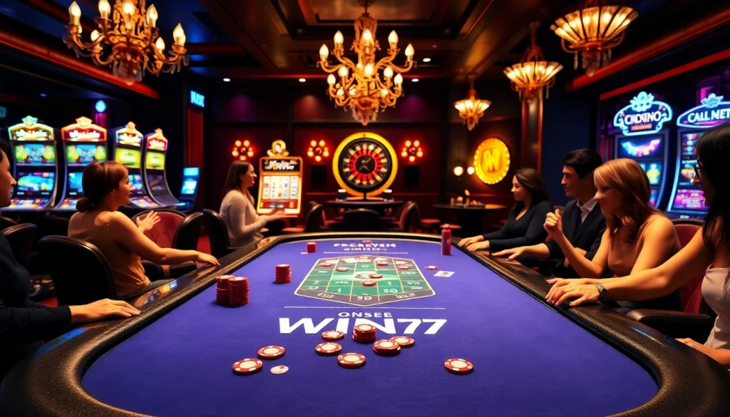 Players engaging in a thrilling poker game at the Win79 casino table with vibrant chips and cards.