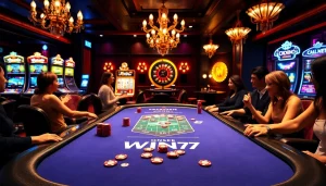 Players engaging in a thrilling poker game at the Win79 casino table with vibrant chips and cards.