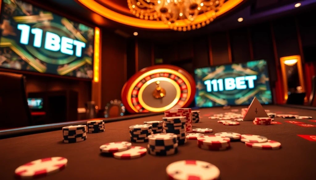 Experience the excitement of 11BET with vibrant poker chips on a luxurious casino table.