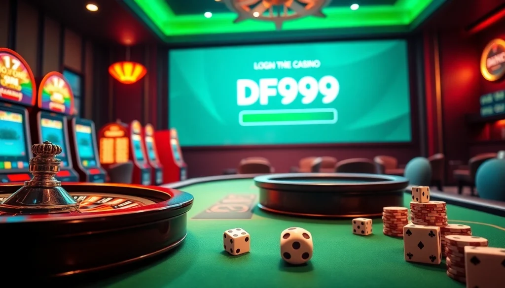 Experience DF999 đăng nhập with vibrant casino elements like roulette and poker tables.