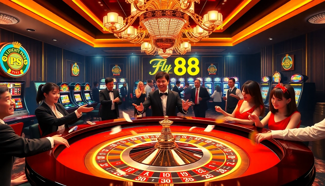 Players celebrating their wins at FLY 88, showcasing an exhilarating casino experience with roulette and chips.