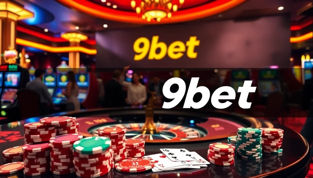 Players enjoying a thrilling roulette game at 9bet casino, surrounded by colorful poker chips and cards.