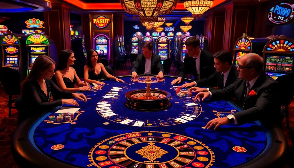 Experience high-stakes gaming at the PS99 casino table, surrounded by glamorous players and vibrant decor.