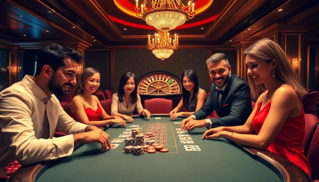 Players enjoying poker at a luxurious table representing nhà cái uy tín UU88 while chips and cards are showcased on display.