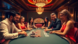 Players enjoying poker at a luxurious table representing nhà cái uy tín UU88 while chips and cards are showcased on display.