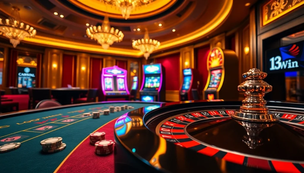 Experience an exciting game at 13Win casino with vibrant slot machines and roulette action.