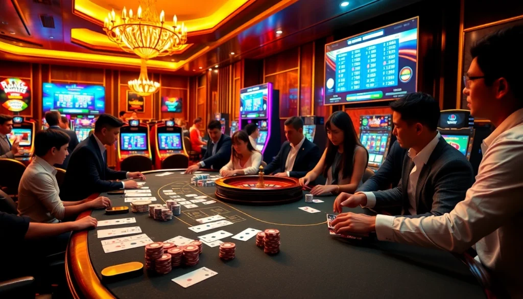 Players engaging in casino games at 98win, showcasing excitement and luxury in online gambling.