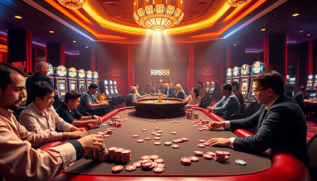 Experience the thrill of RR88 at a luxurious poker table with vibrant gaming elements.
