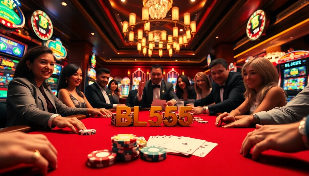 Engaging poker players enjoying a thrilling game at BL555 casino with vibrant chips and cards.