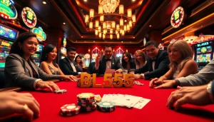 Engaging poker players enjoying a thrilling game at BL555 casino with vibrant chips and cards.