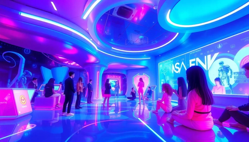 Engaging interaction with NSFW character AI in a vibrant, futuristic digital landscape.