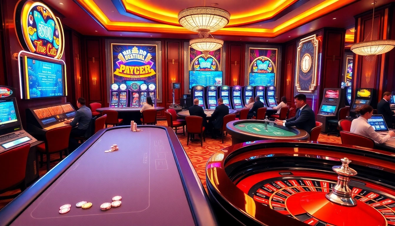 Players enjoying vibrant casino games at https://nk88.za.com/ with colorful slot machines and engaging tables.