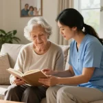 Respite care Birmingham scene with elderly woman and caregiver enjoying quality time in a cozy living room.