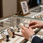 Browse a collection of premium clone watches in an elegant store setting, showcasing intricate designs and luxury.