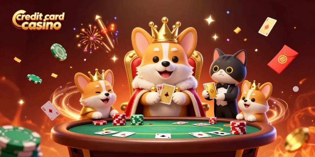 Experience the thrill of a credit card casino with royal corgis and dynamic gaming elements.