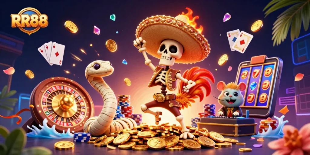 RR88 players winning big on a dynamic casino scene with coins and game elements