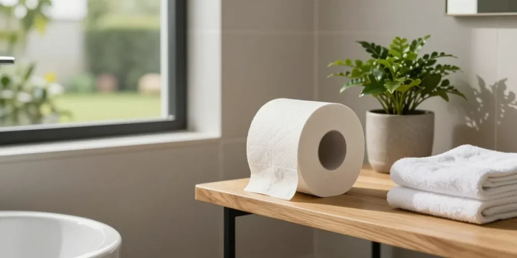 Bamboo Toilet Paper displayed in a modern eco-friendly bathroom setting with natural light and greenery.