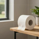 Bamboo Toilet Paper displayed in a modern eco-friendly bathroom setting with natural light and greenery.