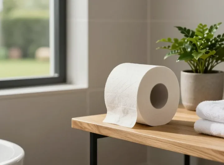 Bamboo Toilet Paper displayed in a modern eco-friendly bathroom setting with natural light and greenery.