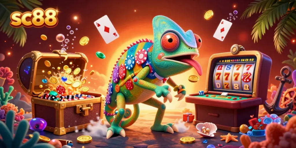 Experience winning strategies at sc88 with a dynamic casino scene featuring a vibrant chameleon owner.