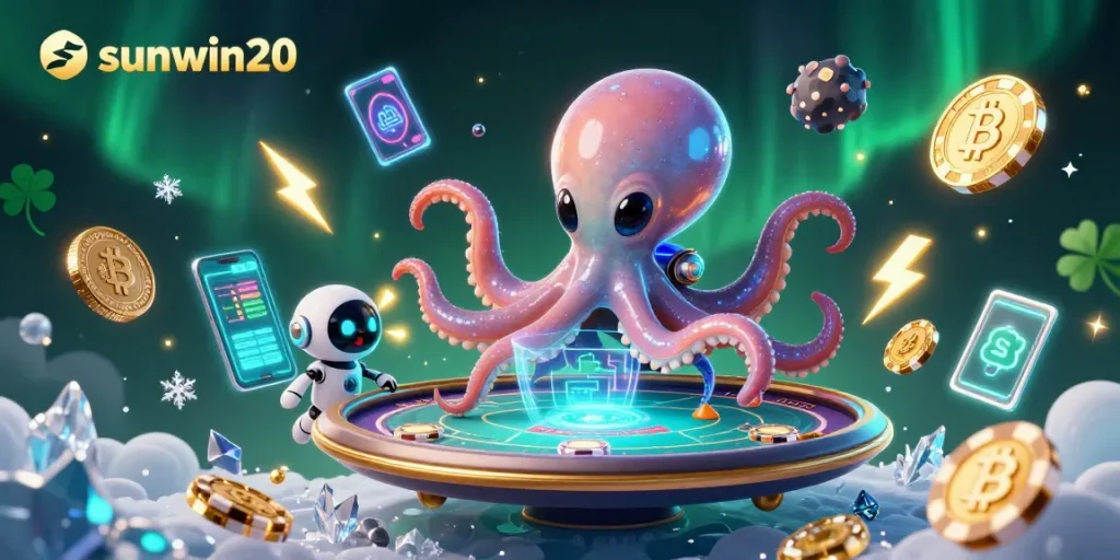 Experience thrilling gameplay at sunwin20 with a cosmic octopus dealer, vibrant crypto poker action.
